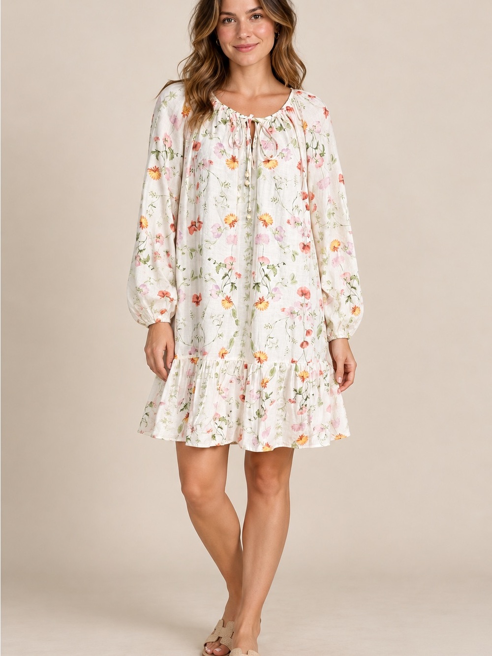 H&M floral tie-detail dress short loose-fit dress large d4